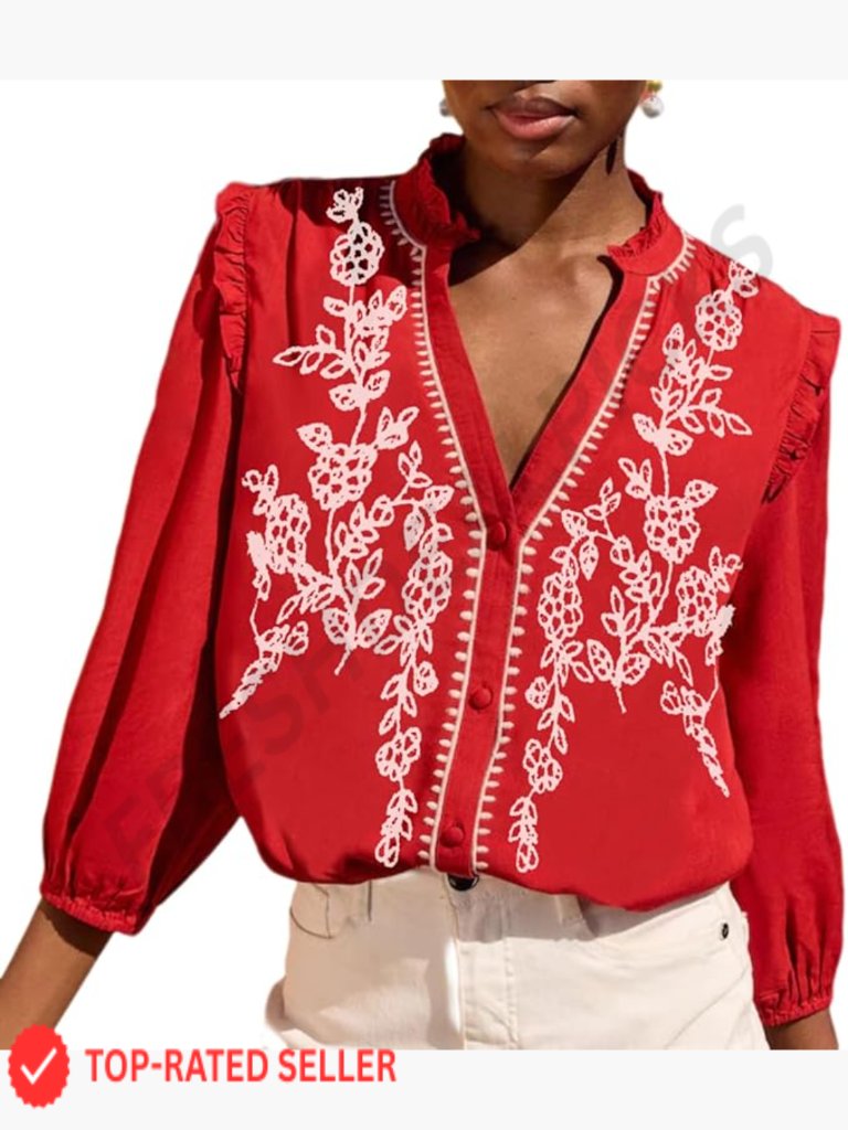Embroidered Peasant Blouse 3/4 Sleeve V Neck Button Down Chic Boho Casual